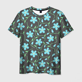 Мужская футболка 3D с принтом Цветочный узор на темном фоне в Петрозаводске, 100% полиэфир | прямой крой, круглый вырез горловины, длина до линии бедер | Тематика изображения на принте: бутон | бутоны | голубые цветы | листья | синие цветы | узор | цветок | цветы | цветы на тёмном фоне