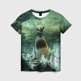 Женская футболка 3D с принтом Shark Attack | Акула атакует в Петрозаводске, 100% полиэфир ( синтетическое хлопкоподобное полотно) | прямой крой, круглый вырез горловины, длина до линии бедер | attack | shark | акула | атака | парашютист | челюсти