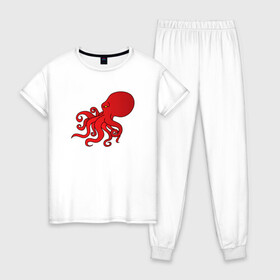 Женская пижама хлопок с принтом Осьминог красный в Петрозаводске, 100% хлопок | брюки и футболка прямого кроя, без карманов, на брюках мягкая резинка на поясе и по низу штанин | cute | octopus | милый | морское | осьминог | осьминожка | паттерн | тентакли | щупальца