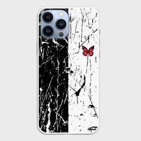 Чехол для iPhone 13 Pro Max с принтом ЧБ ГРАНЖ | RED BUTTERFLY (Z) в Петрозаводске,  |  | Тематика изображения на принте: abstract | geometry | geometry stripes | grunge | red butterfly | texture | абстракция | бабочка | брызги | геометрические полосы | геометрия | гранж | краска | красная бабочка | потертости | текстура