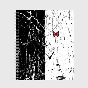 Тетрадь с принтом ЧБ ГРАНЖ RED BUTTERFLY (Z) в Петрозаводске, 100% бумага | 48 листов, плотность листов — 60 г/м2, плотность картонной обложки — 250 г/м2. Листы скреплены сбоку удобной пружинной спиралью. Уголки страниц и обложки скругленные. Цвет линий — светло-серый
 | abstract | geometry | geometry stripes | grunge | red butterfly | texture | абстракция | бабочка | брызги | геометрические полосы | геометрия | гранж | краска | красная бабочка | потертости | текстура
