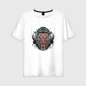 Женская футболка хлопок Oversize с принтом Gorilla Music в Петрозаводске, 100% хлопок | свободный крой, круглый ворот, спущенный рукав, длина до линии бедер
 | gorilla | music | дикая горилла | животные | наушники