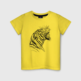 Детская футболка хлопок с принтом Чёрно белый рисунок тигра в Петрозаводске, 100% хлопок | круглый вырез горловины, полуприлегающий силуэт, длина до линии бедер | art | black and white | hunter | pantera | panthera | predator | russian tiger | tiger | амурский тигр | большая киса | большая кошка | иллюстрация | красная книга | охотник | пантера | полосатый тигр | русский тигр | рык