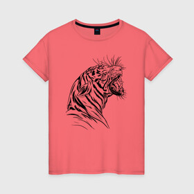 Женская футболка хлопок с принтом Чёрно белый рисунок тигра в Петрозаводске, 100% хлопок | прямой крой, круглый вырез горловины, длина до линии бедер, слегка спущенное плечо | Тематика изображения на принте: art | black and white | hunter | pantera | panthera | predator | russian tiger | tiger | амурский тигр | большая киса | большая кошка | иллюстрация | красная книга | охотник | пантера | полосатый тигр | русский тигр | рык
