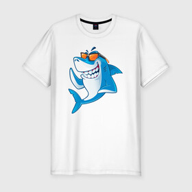 Мужская футболка хлопок Slim с принтом Акула в очках в Петрозаводске, 92% хлопок, 8% лайкра | приталенный силуэт, круглый вырез ворота, длина до линии бедра, короткий рукав | Тематика изображения на принте: shark | акула | акулы | жители | клыки | море | морские | океан | рыба