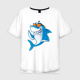 Мужская футболка хлопок Oversize с принтом Акула в очках в Петрозаводске, 100% хлопок | свободный крой, круглый ворот, “спинка” длиннее передней части | Тематика изображения на принте: shark | акула | акулы | жители | клыки | море | морские | океан | рыба