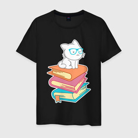 Мужская футболка хлопок с принтом Book Cat в Петрозаводске, 100% хлопок | прямой крой, круглый вырез горловины, длина до линии бедер, слегка спущенное плечо. | animal | book | cat | cute | kitty | meow | друг | животные | киска | китти | книга | книги | кот | котенок | котик | котэ | кошечка | кошка | милый | мур | мяу | питомец
