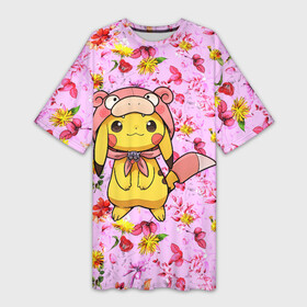 Платье-футболка 3D с принтом Пикачу в цветочках в Петрозаводске,  |  | anime | picachu | pikachu | аниме | милый | пика | пикачу | покебол | покемон
