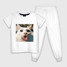 Детская пижама хлопок с принтом Мем про кота в Петрозаводске, 100% хлопок |  брюки и футболка прямого кроя, без карманов, на брюках мягкая резинка на поясе и по низу штанин
 | белый киса | кашель | кот | мем | мерзость | милый | прикол | эмоции