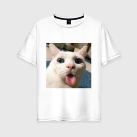 Женская футболка хлопок Oversize с принтом Мем про кота в Петрозаводске, 100% хлопок | свободный крой, круглый ворот, спущенный рукав, длина до линии бедер
 | белый киса | кашель | кот | мем | мерзость | милый | прикол | эмоции