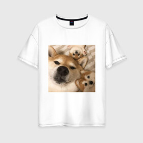 Женская футболка хлопок Oversize с принтом Мем про собак в Петрозаводске, 100% хлопок | свободный крой, круглый ворот, спущенный рукав, длина до линии бедер
 | белый | игрушки мягкие | мем | милый | прикол | сиба ину | собака