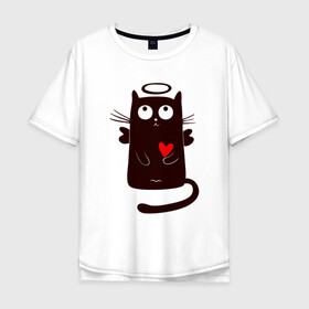 Мужская футболка хлопок Oversize с принтом Angel Cat в Петрозаводске, 100% хлопок | свободный крой, круглый ворот, “спинка” длиннее передней части | Тематика изображения на принте: animal | cat | cute | kitty | meow | ангел | друг | животные | киска | китти | кот | котенок | котик | котэ | кошечка | кошка | любовь | милый | мур | мяу | питомец | сердце