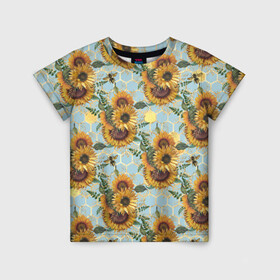 Детская футболка 3D с принтом Подсолнухи и пчёлы на голубом в Петрозаводске, 100% гипоаллергенный полиэфир | прямой крой, круглый вырез горловины, длина до линии бедер, чуть спущенное плечо, ткань немного тянется | bee | bees | blue sky | fashion | flowers | flowers lovers | honey | sunflower | sunflowers | букет подсолнухов | весенние подсолнухи | голубое небо | жёлтые подсолнухи | летние подсолнухи | летние цветы | мёд | медовые соты