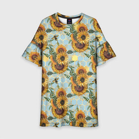 Детское платье 3D с принтом Подсолнухи и пчёлы на голубом в Петрозаводске, 100% полиэстер | прямой силуэт, чуть расширенный к низу. Круглая горловина, на рукавах — воланы | bee | bees | blue sky | fashion | flowers | flowers lovers | honey | sunflower | sunflowers | букет подсолнухов | весенние подсолнухи | голубое небо | жёлтые подсолнухи | летние подсолнухи | летние цветы | мёд | медовые соты