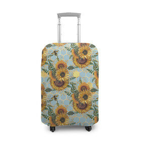 Чехол для чемодана 3D с принтом Подсолнухи и пчёлы на голубом в Петрозаводске, 86% полиэфир, 14% спандекс | двустороннее нанесение принта, прорези для ручек и колес | bee | bees | blue sky | fashion | flowers | flowers lovers | honey | sunflower | sunflowers | букет подсолнухов | весенние подсолнухи | голубое небо | жёлтые подсолнухи | летние подсолнухи | летние цветы | мёд | медовые соты