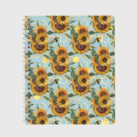 Тетрадь с принтом Подсолнухи и пчёлы на голубом в Петрозаводске, 100% бумага | 48 листов, плотность листов — 60 г/м2, плотность картонной обложки — 250 г/м2. Листы скреплены сбоку удобной пружинной спиралью. Уголки страниц и обложки скругленные. Цвет линий — светло-серый
 | bee | bees | blue sky | fashion | flowers | flowers lovers | honey | sunflower | sunflowers | букет подсолнухов | весенние подсолнухи | голубое небо | жёлтые подсолнухи | летние подсолнухи | летние цветы | мёд | медовые соты