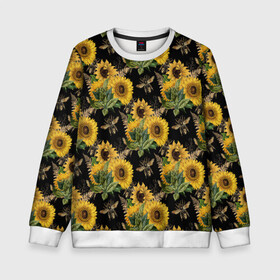 Детский свитшот 3D с принтом Fashion Sunflowers and bees в Петрозаводске, 100% полиэстер | свободная посадка, прямой крой, мягкая тканевая резинка на рукавах и понизу свитшота | Тематика изображения на принте: black | fashion | flowers | flowers lovers | sunflower | sunflowers | букет подсолнухов | весенние подсолнухи | жёлтые подсолнухи | летние подсолнухи | летние цветы | насекомые | подсолнечник | подсолнухи