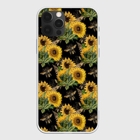 Чехол для iPhone 12 Pro с принтом Fashion Sunflowers and bees в Петрозаводске, силикон | область печати: задняя сторона чехла, без боковых панелей | Тематика изображения на принте: black | fashion | flowers | flowers lovers | sunflower | sunflowers | букет подсолнухов | весенние подсолнухи | жёлтые подсолнухи | летние подсолнухи | летние цветы | насекомые | подсолнечник | подсолнухи