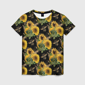 Женская футболка 3D с принтом Fashion Sunflowers and bees в Петрозаводске, 100% полиэфир ( синтетическое хлопкоподобное полотно) | прямой крой, круглый вырез горловины, длина до линии бедер | black | fashion | flowers | flowers lovers | sunflower | sunflowers | букет подсолнухов | весенние подсолнухи | жёлтые подсолнухи | летние подсолнухи | летние цветы | насекомые | подсолнечник | подсолнухи