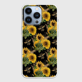 Чехол для iPhone 13 Pro с принтом Fashion Sunflowers and bees в Петрозаводске,  |  | Тематика изображения на принте: black | fashion | flowers | flowers lovers | sunflower | sunflowers | букет подсолнухов | весенние подсолнухи | жёлтые подсолнухи | летние подсолнухи | летние цветы | насекомые | подсолнечник | подсолнухи