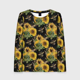 Женский лонгслив 3D с принтом Fashion Sunflowers and bees в Петрозаводске, 100% полиэстер | длинные рукава, круглый вырез горловины, полуприлегающий силуэт | Тематика изображения на принте: black | fashion | flowers | flowers lovers | sunflower | sunflowers | букет подсолнухов | весенние подсолнухи | жёлтые подсолнухи | летние подсолнухи | летние цветы | насекомые | подсолнечник | подсолнухи