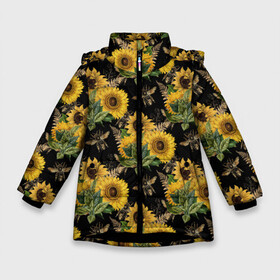 Зимняя куртка для девочек 3D с принтом Fashion Sunflowers and bees в Петрозаводске, ткань верха — 100% полиэстер; подклад — 100% полиэстер, утеплитель — 100% полиэстер. | длина ниже бедра, удлиненная спинка, воротник стойка и отстегивающийся капюшон. Есть боковые карманы с листочкой на кнопках, утяжки по низу изделия и внутренний карман на молнии. 

Предусмотрены светоотражающий принт на спинке, радужный светоотражающий элемент на пуллере молнии и на резинке для утяжки. | Тематика изображения на принте: black | fashion | flowers | flowers lovers | sunflower | sunflowers | букет подсолнухов | весенние подсолнухи | жёлтые подсолнухи | летние подсолнухи | летние цветы | насекомые | подсолнечник | подсолнухи