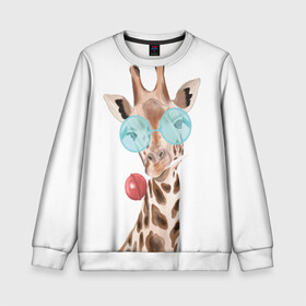 Детский свитшот 3D с принтом Жираф в очках в Петрозаводске, 100% полиэстер | свободная посадка, прямой крой, мягкая тканевая резинка на рукавах и понизу свитшота | животные | жираф | звери | конфета | очки | чупа чупс