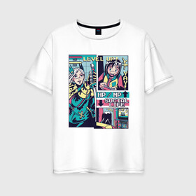 Женская футболка хлопок Oversize с принтом Vaporwave Anime Level UP в Петрозаводске, 100% хлопок | свободный крой, круглый ворот, спущенный рукав, длина до линии бедер
 | art | hp mp | japan | japanese | landscape | social life | tokyo | арт | вапорвейв | девочка из манги | здоровье | комиксы | компьютер | мана | манга | паровая волна | персонаж аниме | приставка | рисунок в стиле аниме
