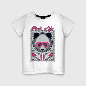 Детская футболка хлопок с принтом PINK LIFE в Петрозаводске, 100% хлопок | круглый вырез горловины, полуприлегающий силуэт, длина до линии бедер | black | fashion | girl | life | panda | pink | roses | text | white | женский | жизнь | лето | мода | очки | панда | розовый | розы | стиль | узор