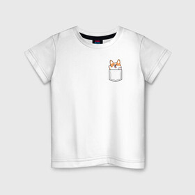 Детская футболка хлопок с принтом Корги в кармашке в Петрозаводске, 100% хлопок | круглый вырез горловины, полуприлегающий силуэт, длина до линии бедер | вельш корги | звери | корги | собаки