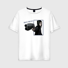 Женская футболка хлопок Oversize с принтом Риэл Мэйер (Эрго Прокси) в Петрозаводске, 100% хлопок | свободный крой, круглый ворот, спущенный рукав, длина до линии бедер
 | ergo proxy | аниме | надпись | пистолет | риэл мэйер | черные волосы