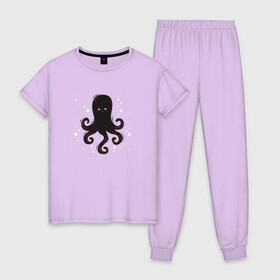 Женская пижама хлопок с принтом Осьминог каваи в Петрозаводске, 100% хлопок | брюки и футболка прямого кроя, без карманов, на брюках мягкая резинка на поясе и по низу штанин | Тематика изображения на принте: cute | octopus | милый | морское | осьминог | осьминожка | паттерн | тентакли | щупальца