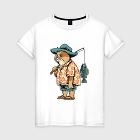 Женская футболка хлопок с принтом Кот рыбак в Петрозаводске, 100% хлопок | прямой крой, круглый вырез горловины, длина до линии бедер, слегка спущенное плечо | fish | кот | море | морские | рыба | рыбак | рыбалка | рыбки | рыбы