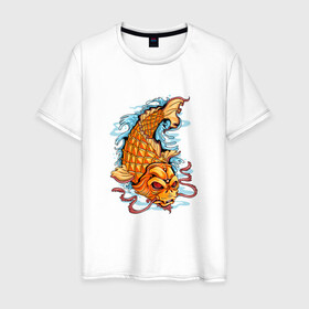 Мужская футболка хлопок с принтом Рыбка Кои в Петрозаводске, 100% хлопок | прямой крой, круглый вырез горловины, длина до линии бедер, слегка спущенное плечо. | fish | water | вода | карп | карпы | кои | море | морское | рыба | цветы | японские