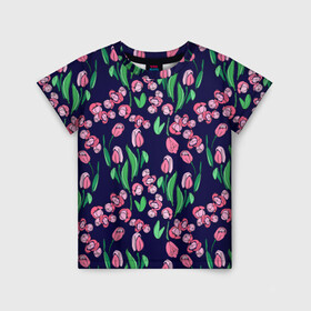 Детская футболка 3D с принтом Тюльпаны в Петрозаводске, 100% гипоаллергенный полиэфир | прямой крой, круглый вырез горловины, длина до линии бедер, чуть спущенное плечо, ткань немного тянется | растительный узор | рисунок | синий | тюльпан | цветы