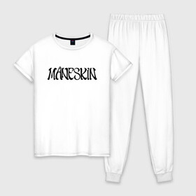 Женская пижама хлопок с принтом Maneskin в Петрозаводске, 100% хлопок | брюки и футболка прямого кроя, без карманов, на брюках мягкая резинка на поясе и по низу штанин | maneskin | евровидение 2021 | манескин | монскин