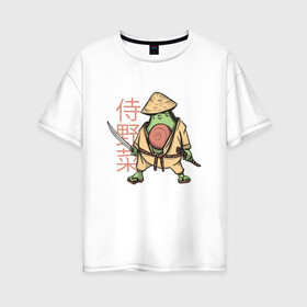Женская футболка хлопок Oversize с принтом Винтажный Авокадо Самурай в Петрозаводске, 100% хлопок | свободный крой, круглый ворот, спущенный рукав, длина до линии бедер
 | art | avocado | cyberpunk samurai | kanji | ninja | oni | retro | ronin | samurai | shogun | vintage | арт | гуакамоле | иероглифы | кандзи | киберпанк самурай | мерч | путь воина | ретро | ронин | сёгун | токио | харакири | черный самурай | япо