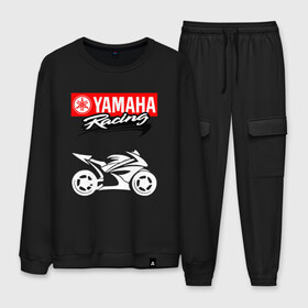 Мужской костюм хлопок с принтом YAMAHA ЯМАХА RACING в Петрозаводске, 100% хлопок | на свитшоте круглая горловина, мягкая резинка по низу. Брюки заужены к низу, на них два вида карманов: два “обычных” по бокам и два объемных, с клапанами, расположенные ниже линии бедра. Брюки с мягкой трикотажной резинкой на поясе и по низу штанин. В поясе для дополнительного комфорта — широкие завязки | motorcycle | yamaha | yzf r6. | байк | байкер | мотоспорт | мототехника | мотоцикл | мотоциклист | скутер | ямаха