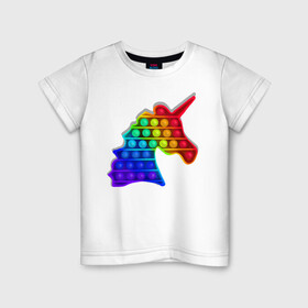 Детская футболка хлопок с принтом Единорог, поп-ит, симпл-димпл в Петрозаводске, 100% хлопок | круглый вырез горловины, полуприлегающий силуэт, длина до линии бедер | pop it | rainbow | unicorn | единорог | поп ит | радуга | симпл димпл