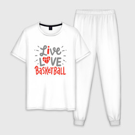 Мужская пижама хлопок с принтом Live Love Basketball в Петрозаводске, 100% хлопок | брюки и футболка прямого кроя, без карманов, на брюках мягкая резинка на поясе и по низу штанин
 | basketball | game | live | love | nba | sport | streetball | баскетбол | баскетболист | игра | игрок | мяч | нба | спорт | стритбол | тренер