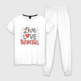 Женская пижама хлопок с принтом Live Love Basketball в Петрозаводске, 100% хлопок | брюки и футболка прямого кроя, без карманов, на брюках мягкая резинка на поясе и по низу штанин | basketball | game | live | love | nba | sport | streetball | баскетбол | баскетболист | игра | игрок | мяч | нба | спорт | стритбол | тренер