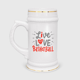 Кружка пивная с принтом Live Love Basketball в Петрозаводске,  керамика (Материал выдерживает высокую температуру, стоит избегать резкого перепада температур) |  объем 630 мл | basketball | game | live | love | nba | sport | streetball | баскетбол | баскетболист | игра | игрок | мяч | нба | спорт | стритбол | тренер