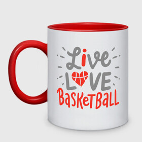 Кружка двухцветная с принтом Live Love Basketball в Петрозаводске, керамика | объем — 330 мл, диаметр — 80 мм. Цветная ручка и кайма сверху, в некоторых цветах — вся внутренняя часть | basketball | game | live | love | nba | sport | streetball | баскетбол | баскетболист | игра | игрок | мяч | нба | спорт | стритбол | тренер