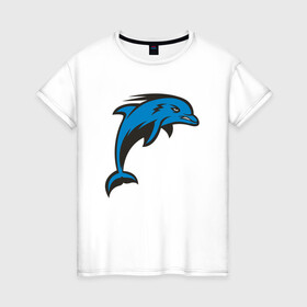 Женская футболка хлопок с принтом Злой дельфин в Петрозаводске, 100% хлопок | прямой крой, круглый вырез горловины, длина до линии бедер, слегка спущенное плечо | dolphin | дельфин | дельфины | море | морские | на голубом | с дельфином