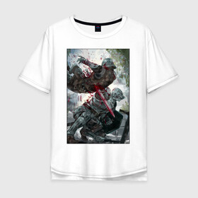 Мужская футболка хлопок Oversize с принтом Dark Souls воины в Петрозаводске, 100% хлопок | свободный крой, круглый ворот, “спинка” длиннее передней части | dark souls | fantasy | iron | warrior | бойцы | в доспехах | крестоносцы | фентези