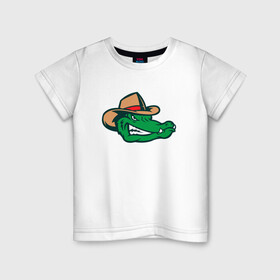 Детская футболка хлопок с принтом Аллигатор в панаме в Петрозаводске, 100% хлопок | круглый вырез горловины, полуприлегающий силуэт, длина до линии бедер | Тематика изображения на принте: alligator | crocodile | reptile | аллигатор | крокодил | крокодильчик