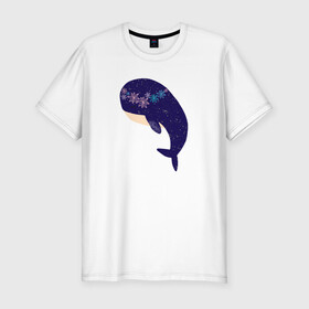 Мужская футболка хлопок Slim с принтом Кит в Петрозаводске, 92% хлопок, 8% лайкра | приталенный силуэт, круглый вырез ворота, длина до линии бедра, короткий рукав | whale | белый кит | кит | киты | морские | паттерн | синий кит