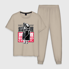 Мужская пижама хлопок с принтом Кибер Самурай Бусидо в Петрозаводске, 100% хлопок | брюки и футболка прямого кроя, без карманов, на брюках мягкая резинка на поясе и по низу штанин
 | art | bushido | cyberpunk samurai | future | ninja | oni | ronin | samurai | shogun | арт | будущее | киберпанк самурай | мерч | мужик | мужчина | прикол | путь воина | путь война | ронин | сёгун | сепукку | токио | харакири