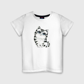 Детская футболка хлопок с принтом Котёнок в Петрозаводске, 100% хлопок | круглый вырез горловины, полуприлегающий силуэт, длина до линии бедер | голубые глаза | зверь | киса | кот | котейка | котёнок | кошак | кошка | маленький | миленький | полосатый | полоски | пушистый | серый | скетч | шерсть
