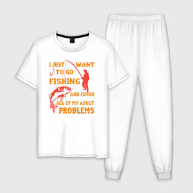 Мужская пижама хлопок с принтом I Want To Fishing в Петрозаводске, 100% хлопок | брюки и футболка прямого кроя, без карманов, на брюках мягкая резинка на поясе и по низу штанин
 | Тематика изображения на принте: ловля | отдых | рыба | удочка | хобби